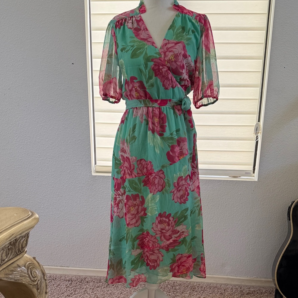 Draper James Aqua Midi Wrap Dress with Pink Floral
